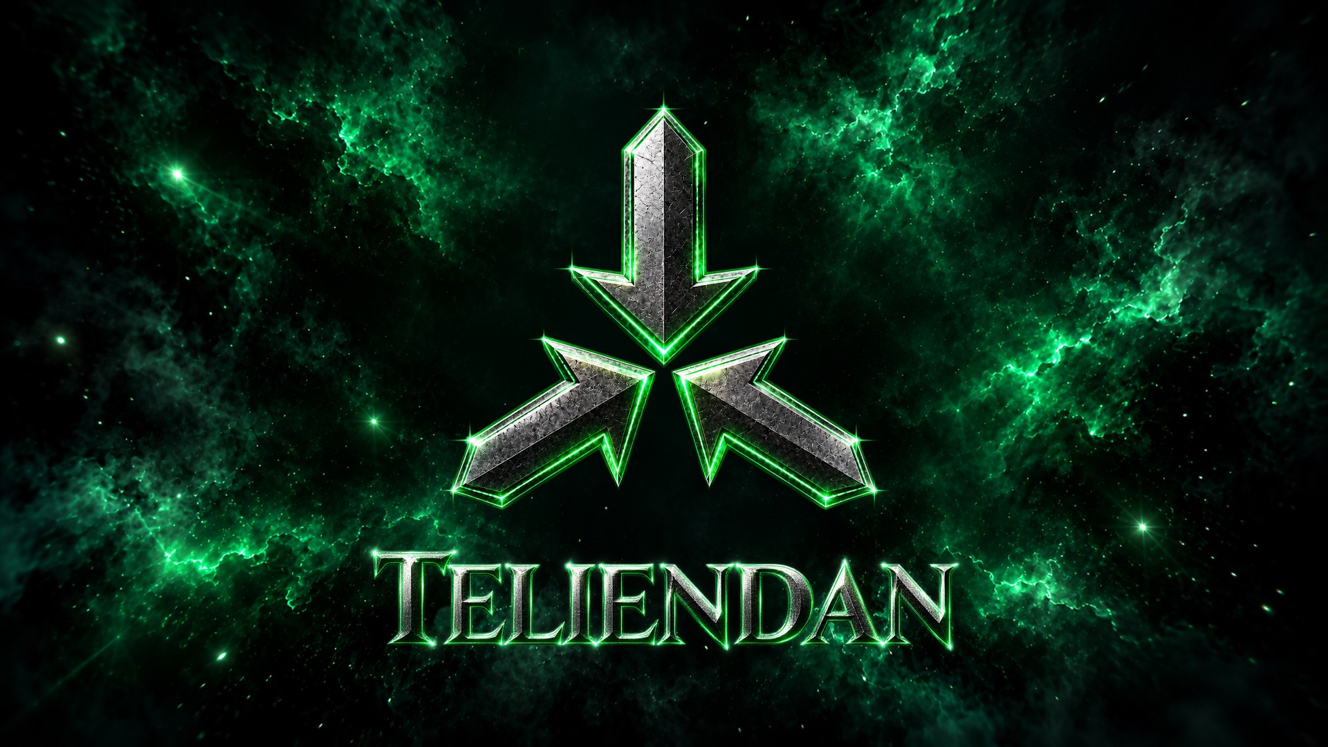 Teliendan: three steel arrows edged in green light, above the textured wordmark.
